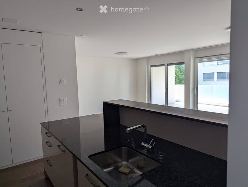 Modern kitchen with dark granite countertops, stainless steel sink, and sleek cabinetry. Large windows and sliding glass doors provide natural light and access to the outdoor area.