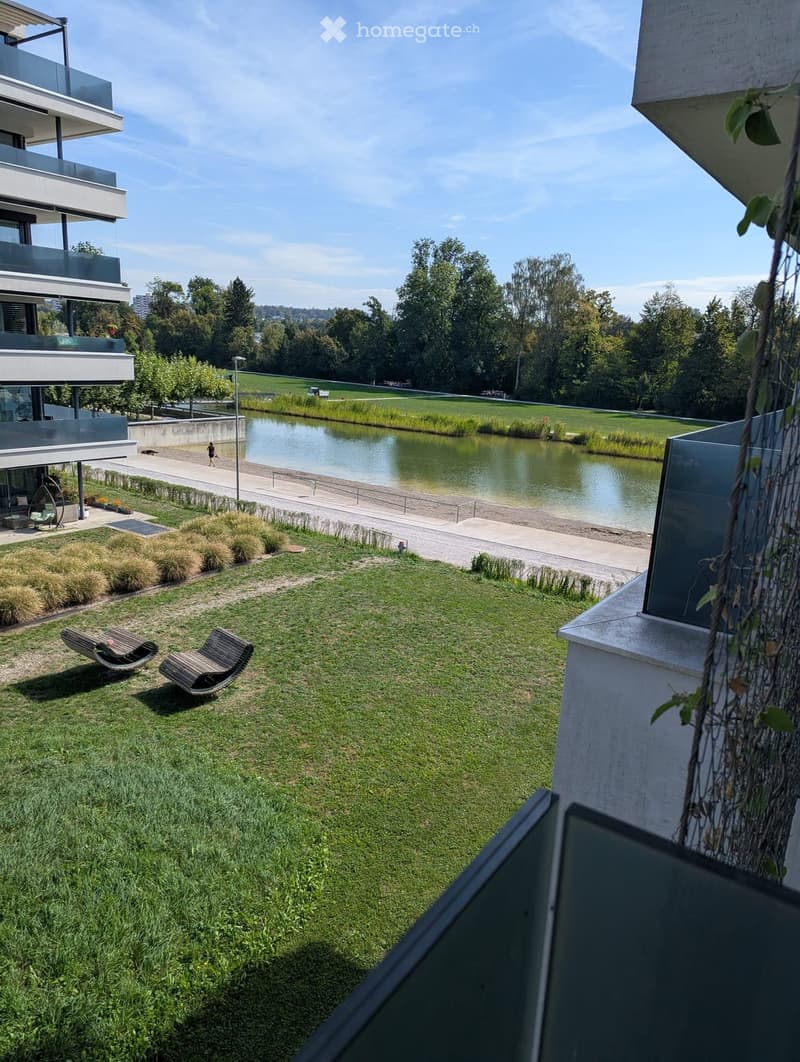 Modern outdoor area with a grassy lawn, two wooden lounge chairs, a small table, and a view of a lake and modern buildings.