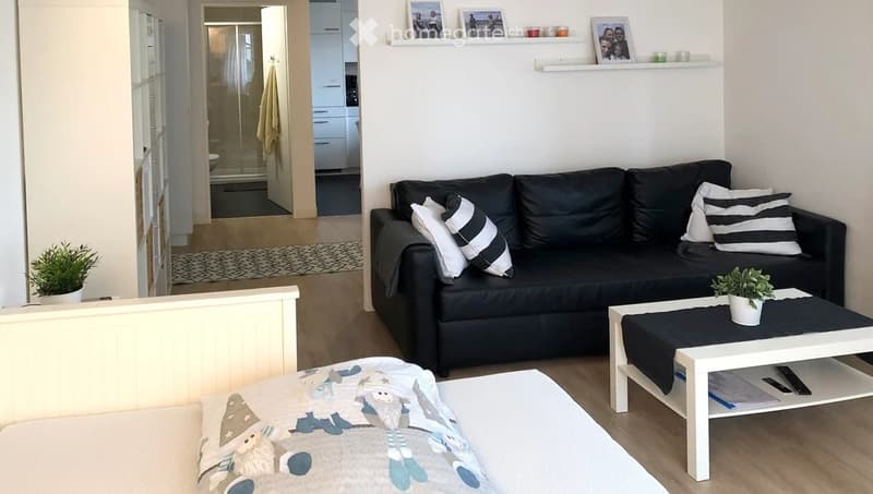 A modern, compact living space with a black sofa, white coffee table, small potted plants, and a bed with colorful bedding. The room features white walls, wooden flooring, and a small shelf with picture frames and decorative items.