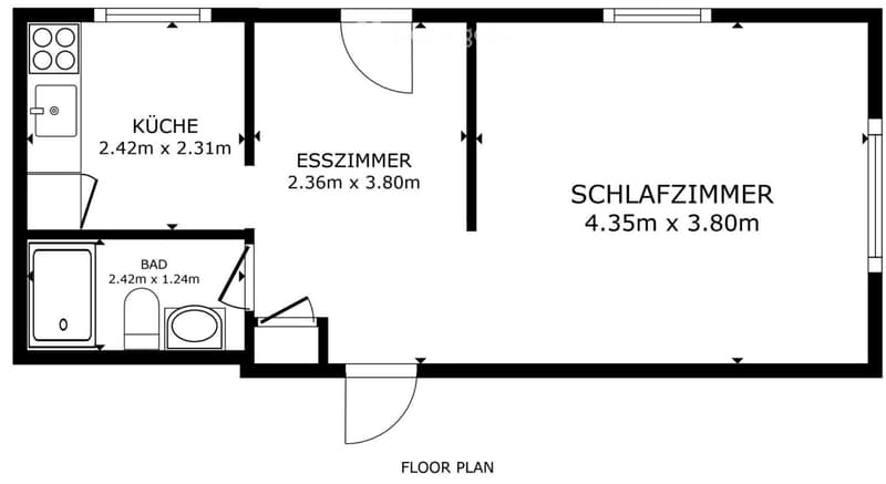 Floor plan showing a kitchen, dining room, bedroom, and bathroom with dimensions labeled.