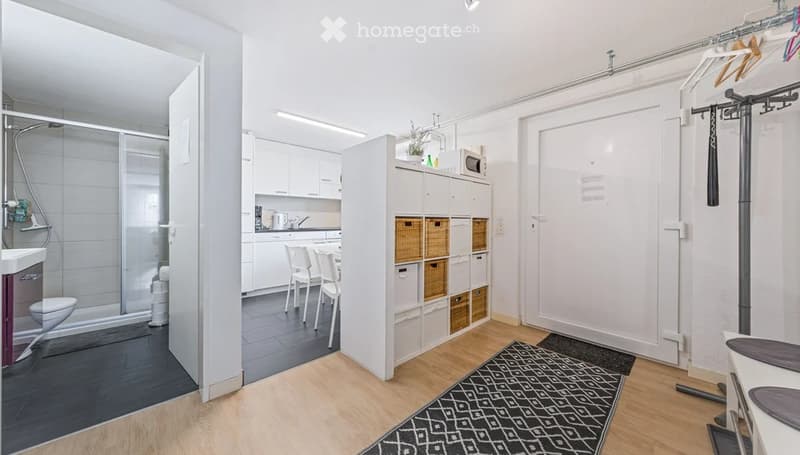 Modern, open-plan living and dining area with light wooden flooring, white walls, and a black and white geometric rug. Features include a white storage unit with woven baskets, a small dining table with chairs, a microwave, and a bathroom with a toilet an