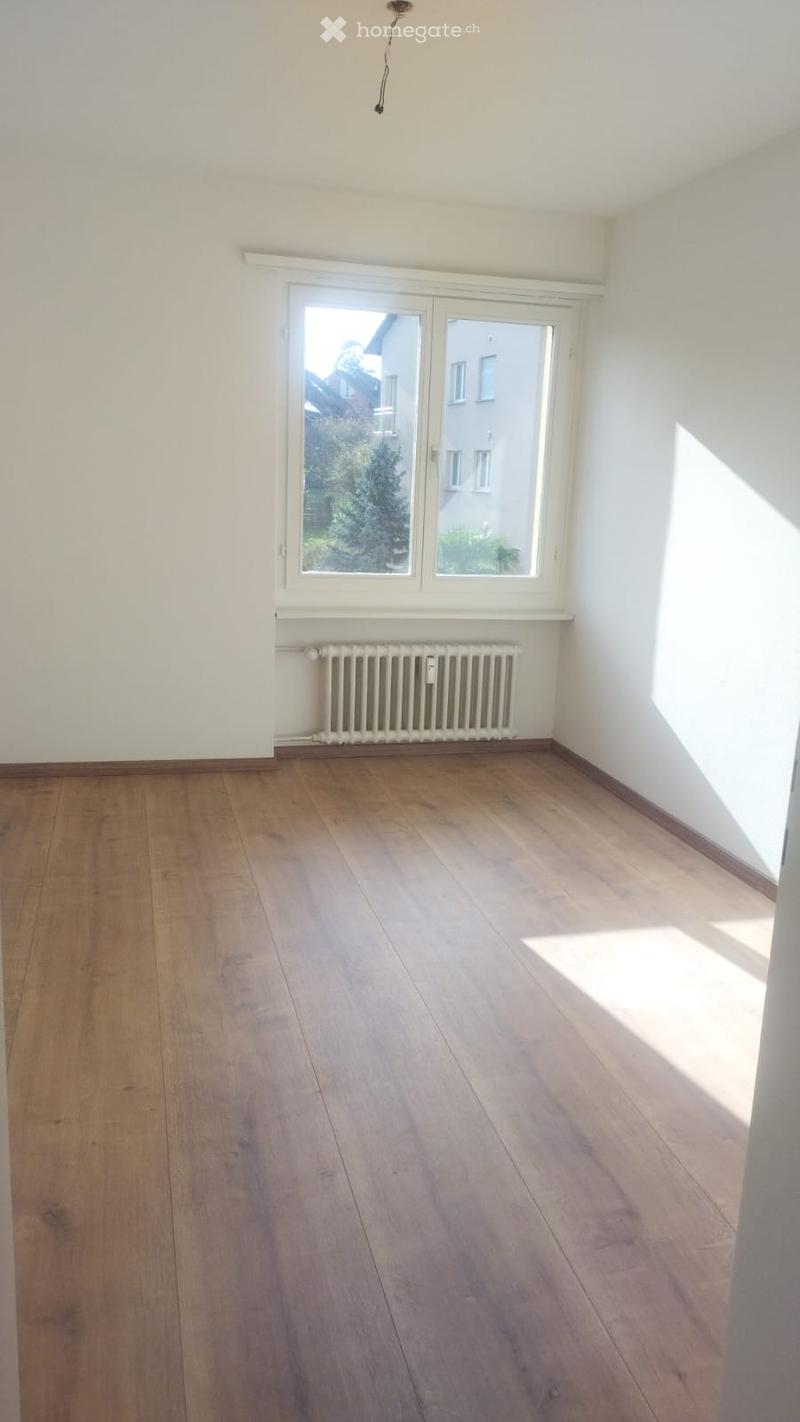 empty room, wooden floor, window with view, radiator