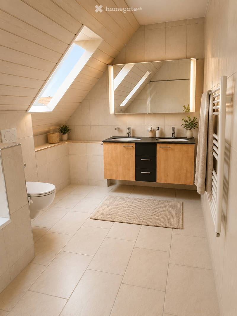 Modern bathroom with a skylight, double sink vanity, toilet, large mirror, towel rack, and small plants on the windowsill.