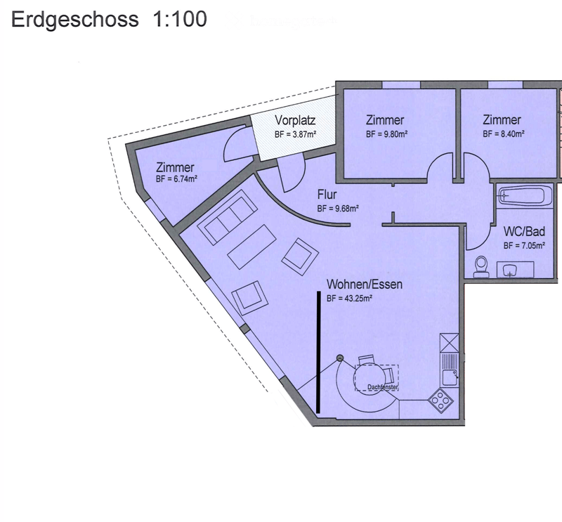 Ground floor floor plan showing a living/dining area, three bedrooms, a hallway, and a bathroom.