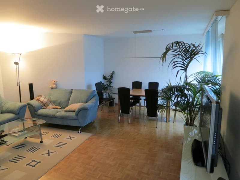 A modern living room with a light blue sofa, a glass coffee table, a dining table with chairs, a large screen, and a tall plant in the corner.