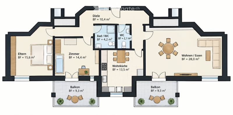 Floor plan of a 3-room apartment with living/dining area, kitchen, bedroom, bathroom, and two balconies.