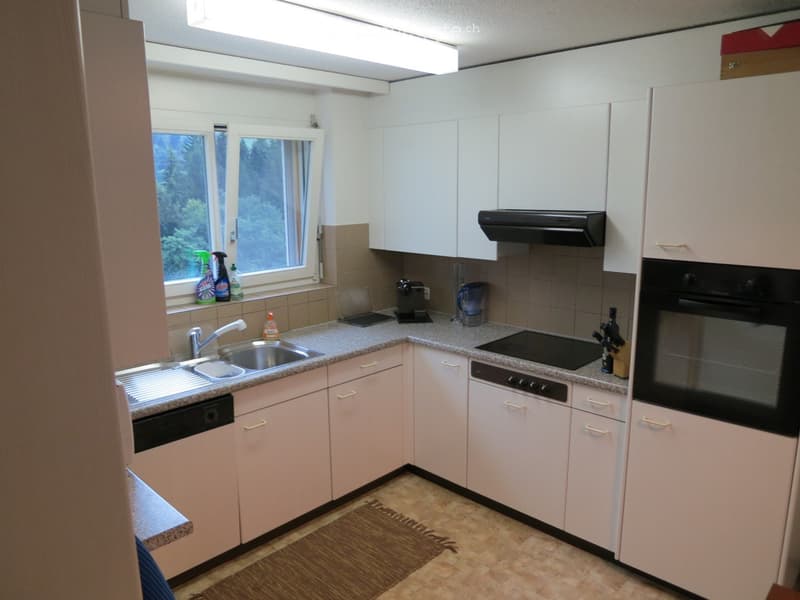 Modern kitchen with white cabinets, granite countertops, stainless steel appliances, and a window overlooking greenery.