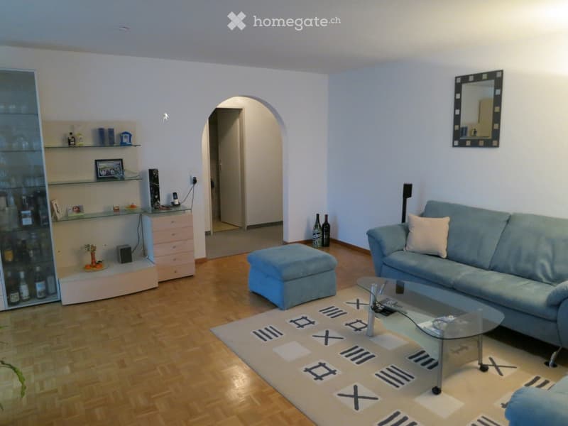 Living room with light blue sofa, ottoman, glass coffee table, wooden floor, shelves, and a decorative rug with Roman numerals.