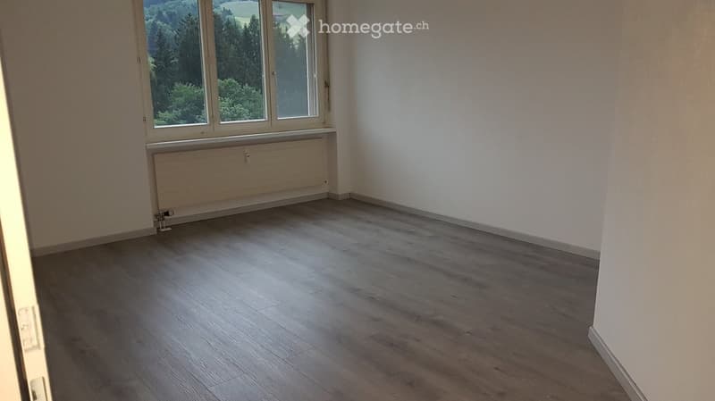 Empty room with wooden flooring, white walls, and a large window with a view of greenery. A radiator is visible below the window.