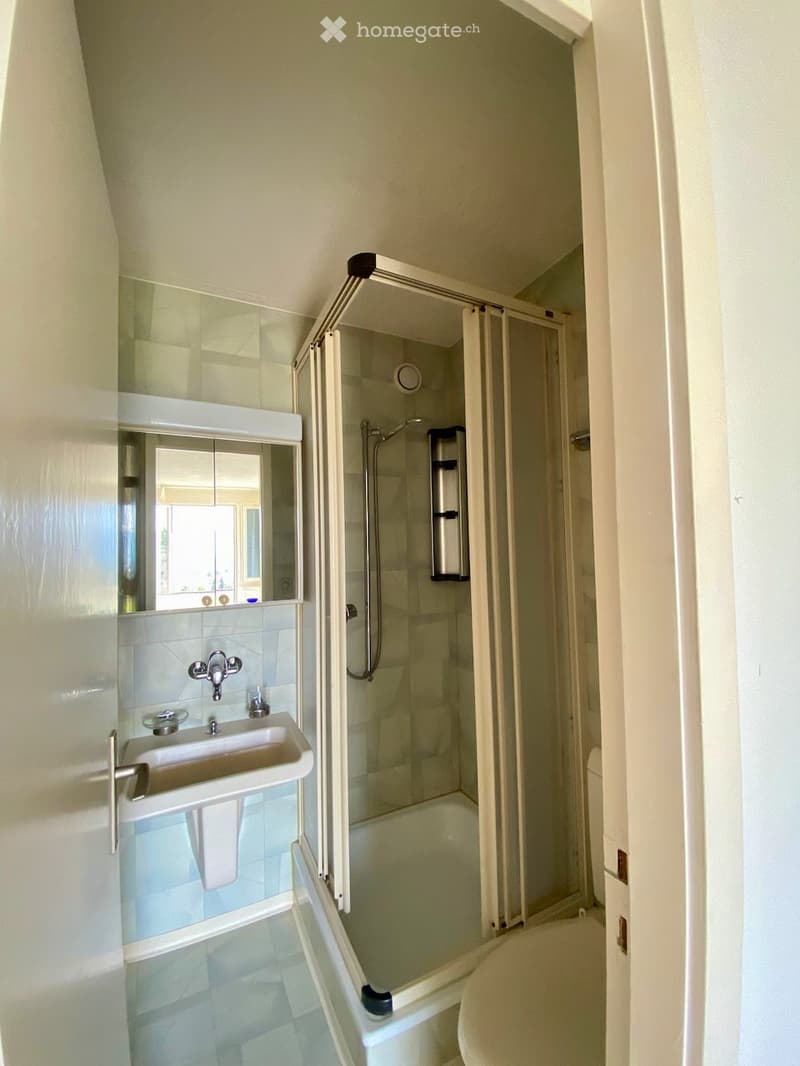 Modern bathroom with a white sink, mirror, bathtub, and glass-enclosed shower. The space features light-colored tiles and a sleek design.