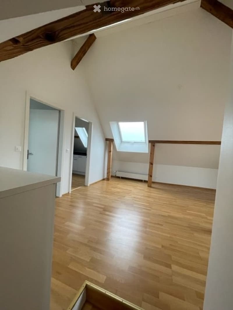 Empty attic room with wooden floors, exposed wooden beams, skylight window, and a radiator. No furniture or equipment present.
