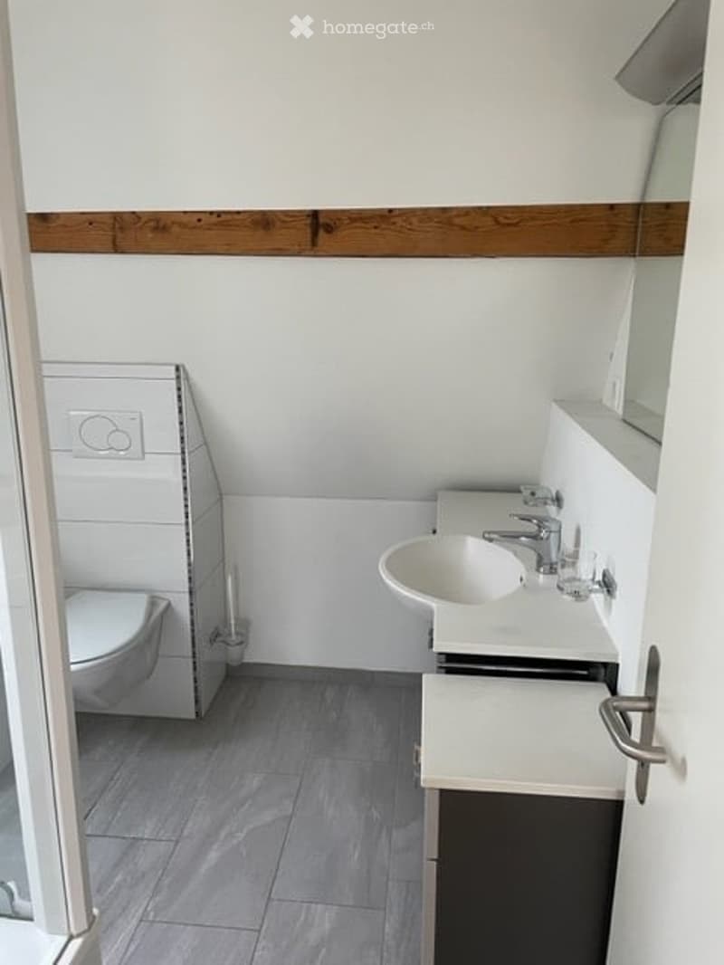Modern bathroom with white walls, grey tiled floor, a toilet, a sink with a modern faucet, and a mirror above the sink.