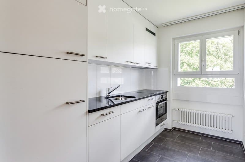 Modern kitchen with white cabinets, black countertop, stainless steel sink and faucet, and built-in oven. Features a large window with a view of greenery.