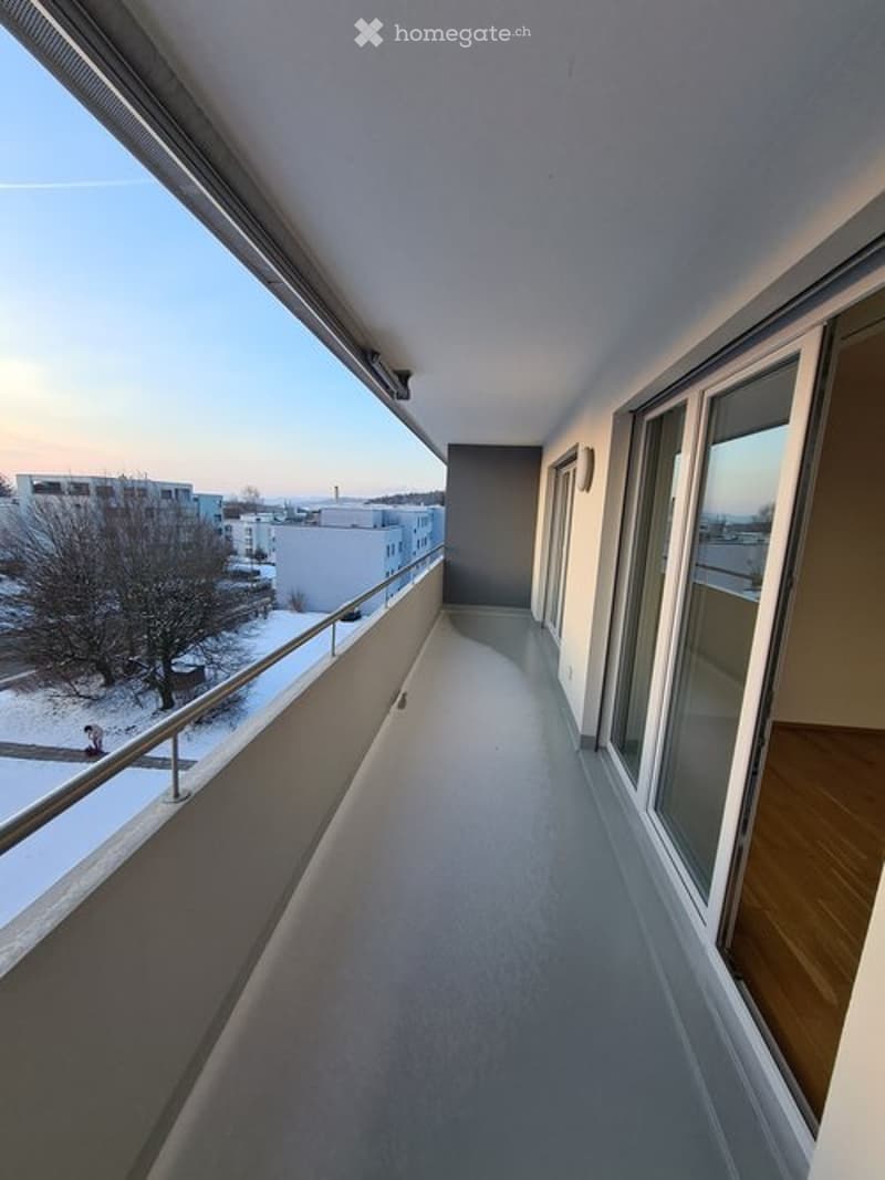 Modern balcony with large windows, metal railing, and a view of a snowy landscape and buildings.