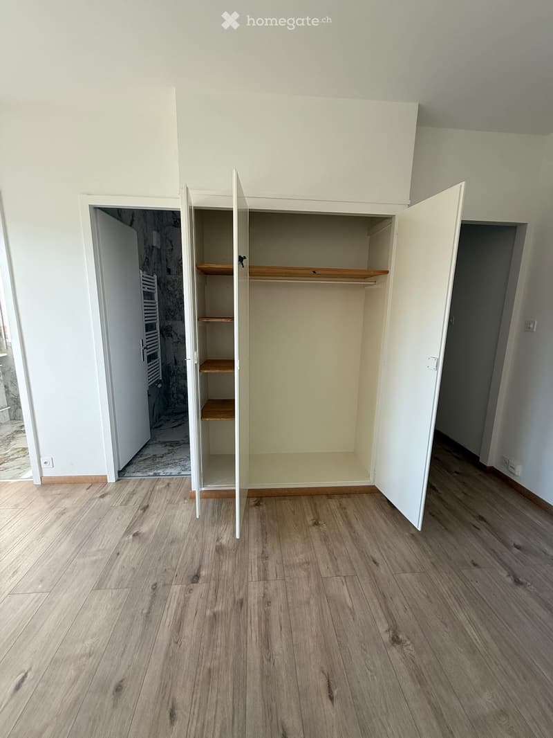 Empty room with light wooden flooring, white walls, and an open closet with wooden shelves.