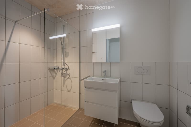 White tiled walls, glass walk-in shower, vanity with sink and drawers, and a toilet. The shower area has tiled flooring.