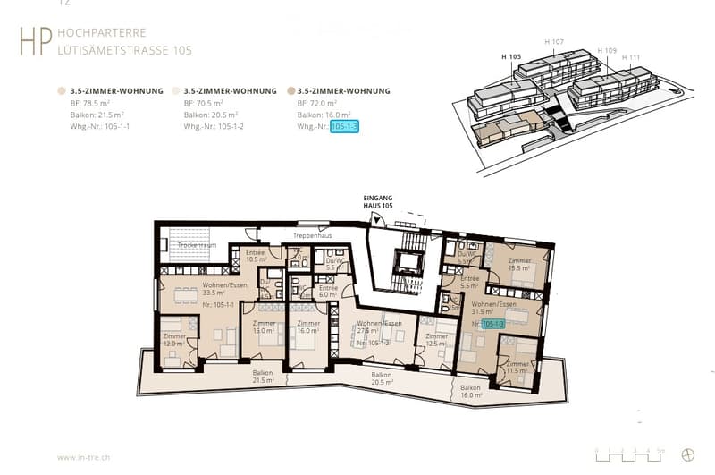 Floor plan of a 3.5-room apartment with living/dining area, three bedrooms, two bathrooms, and two balconies.