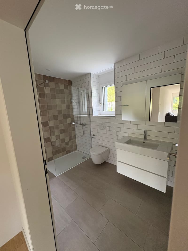 Modern bathroom with a white sink, large mirror, toilet, and glass-enclosed shower. Light grey tiles and a window provide natural light.