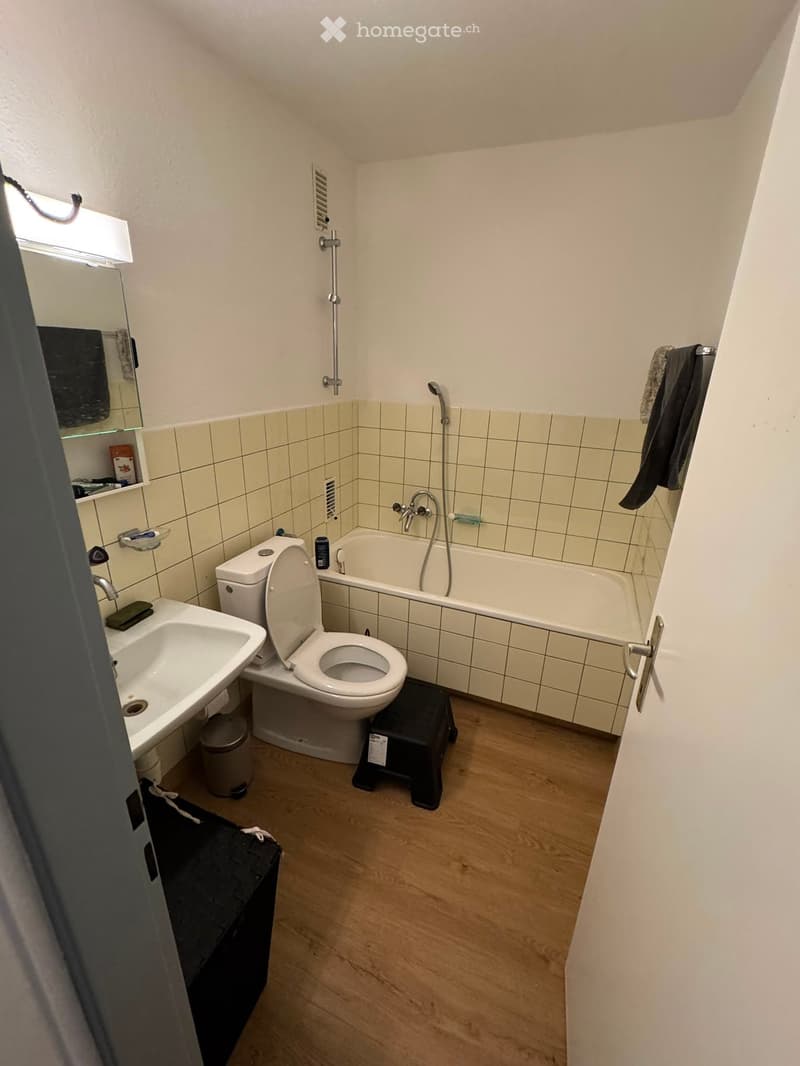 Bathroom with a toilet, bathtub, sink, mirror, and a towel hanging on the wall. The floor is wooden, and there is a small black stool next to the toilet.