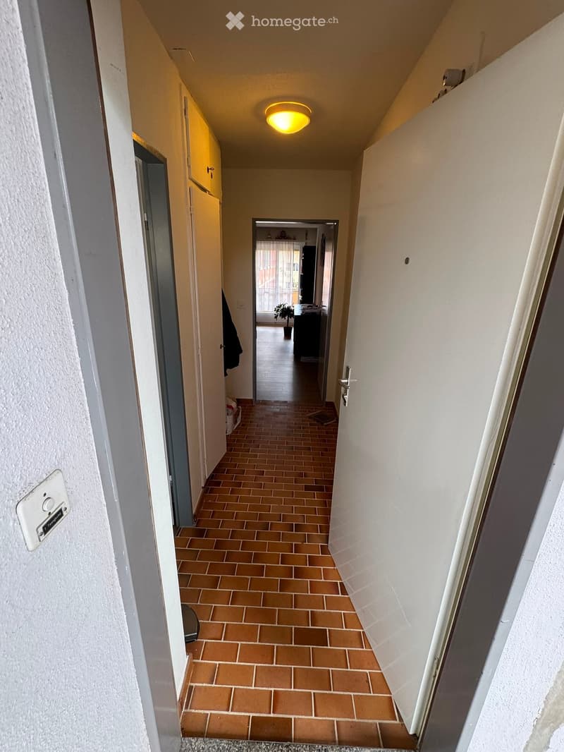 A narrow hallway with tiled flooring, white walls, and a ceiling light. Doors lead to adjacent rooms, and a small plant is visible in the background.