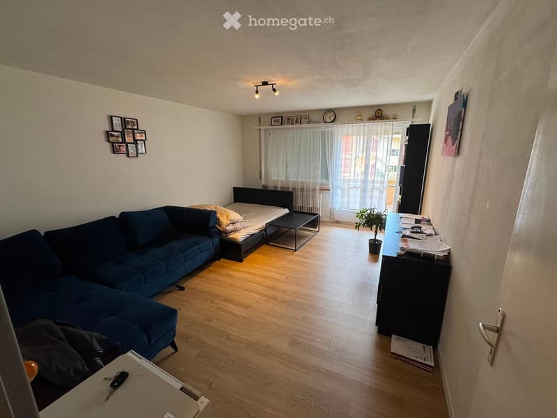 A modern, well-lit living space with a blue sectional sofa, a small bed, a coffee table, a potted plant, and a cabinet with papers and a phone on top.