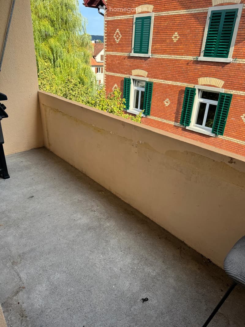Balcony with concrete floor, beige wall, and view of a brick building with green shutters and windows.