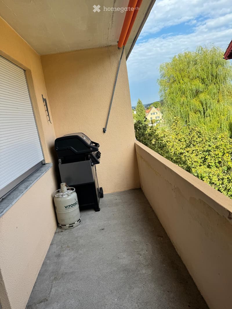Balcony with a gas cylinder and a grill, overlooking a green area with trees and a house in the background.