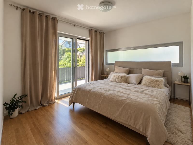 Modern bedroom with a large bed, nightstands, lamps, and a potted plant near the window. The room features wooden flooring and large windows with blinds.
