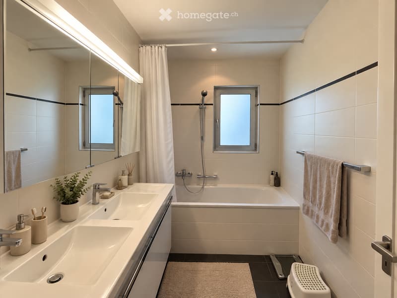 Modern bathroom with white tiles, double sink, bathtub, large mirror, towel, and small plant on the counter.