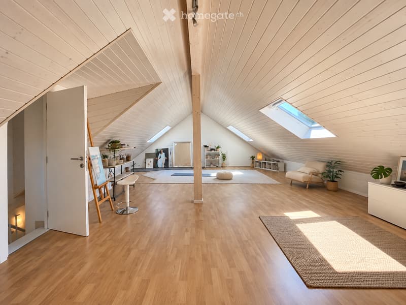 Bright, airy attic space with wooden floors, slanted ceilings, skylights, and modern furnishings including a chair, ottoman, shelves, and artwork.