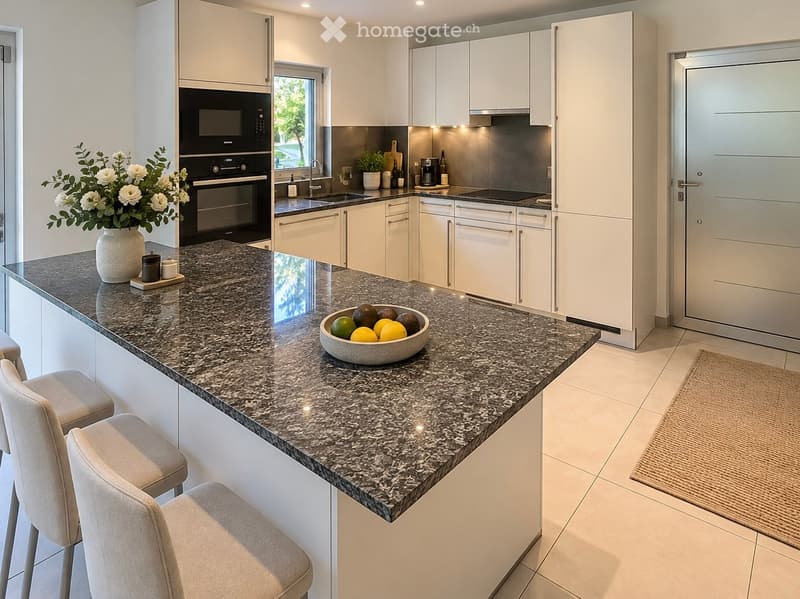Modern kitchen with white cabinets, granite countertop, built-in oven, sink, and seating area with chairs.