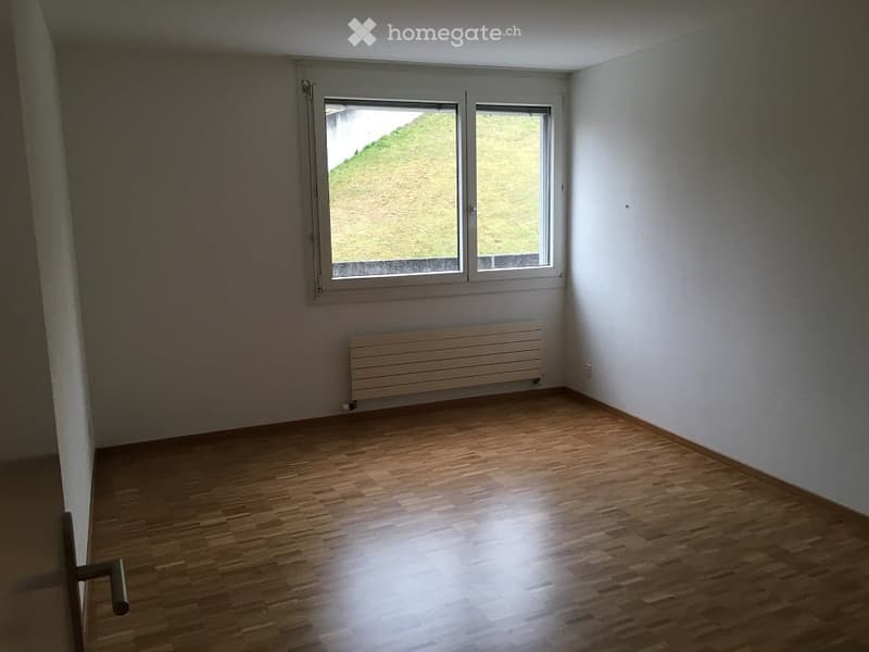 Empty room with wooden flooring, white walls, and a radiator under a large window overlooking a green hill.