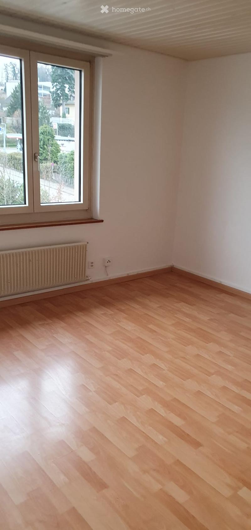 Empty room with light wooden flooring, white walls, large window with a view of greenery, radiator, and electrical outlet visible.