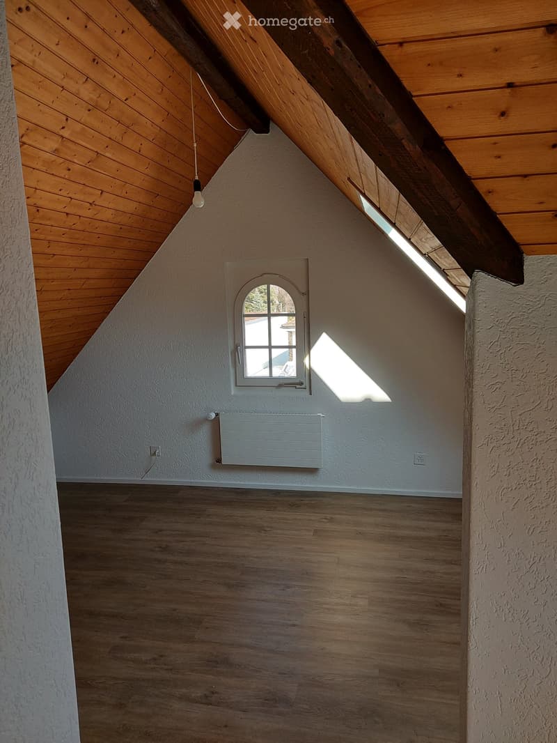 An empty attic space with wooden flooring, exposed wooden beams, a skylight window, and a radiator. The walls are painted white, and there is a single light fixture hanging from the ceiling.