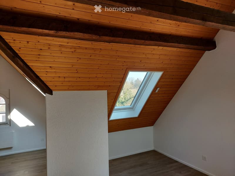 Empty attic room with wooden ceiling, skylight window, and wooden floor.
