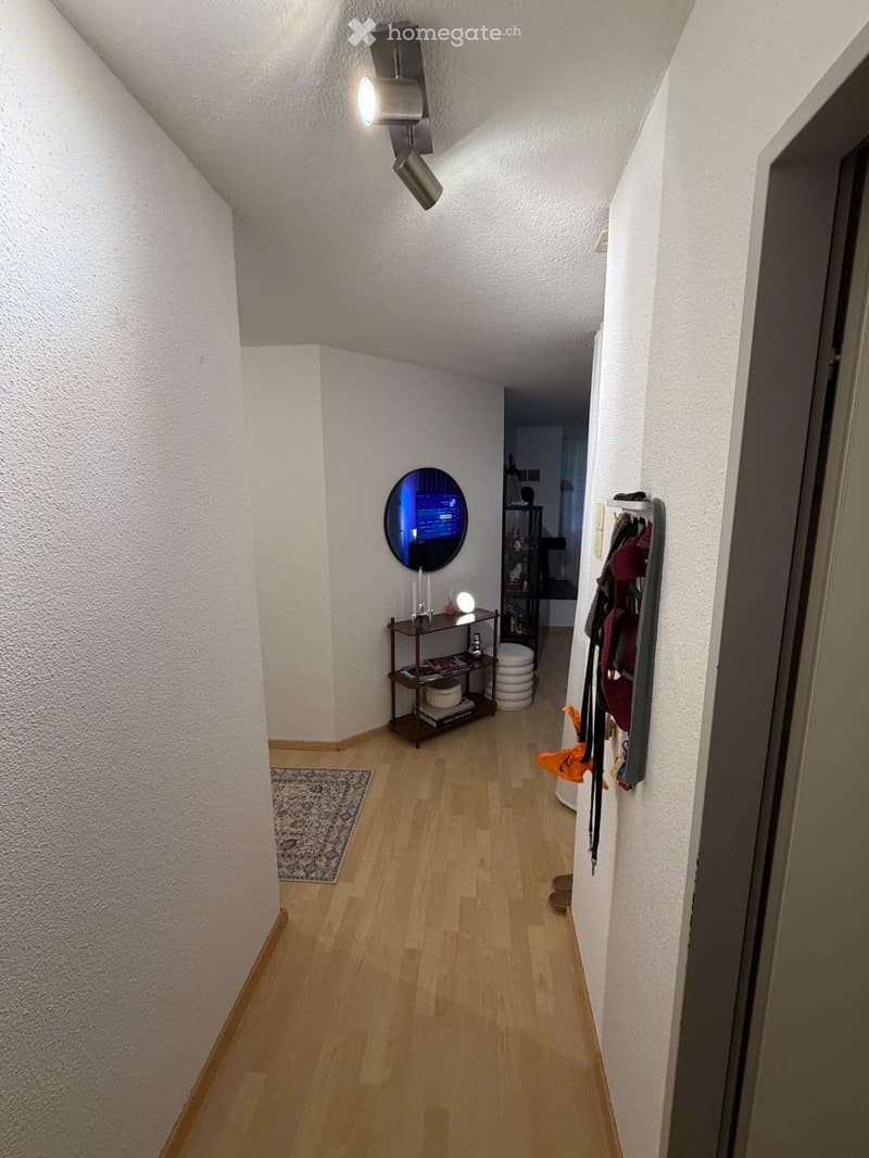 A narrow hallway with wooden flooring, white walls, and a slanted ceiling. Features include a small shelf with books and decorative items, a round mirror, and a coat rack with jackets and bags.