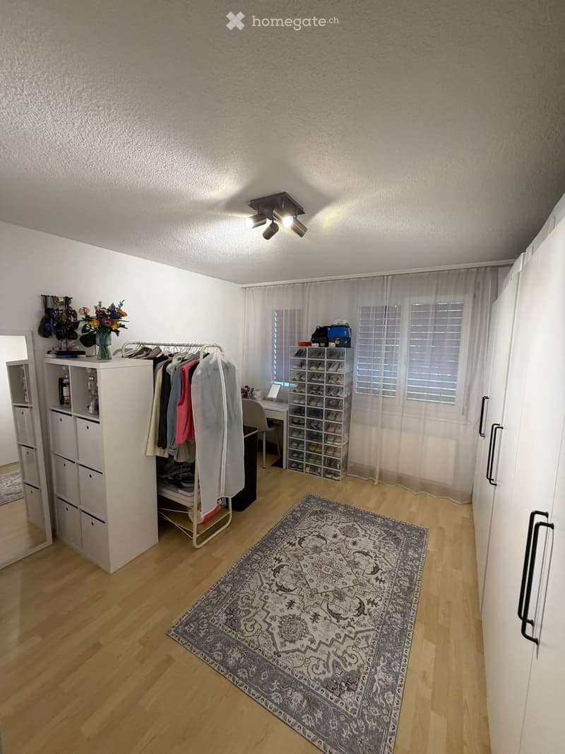 A well-lit room with wooden flooring, a large patterned rug, a white wardrobe, a shoe rack, a desk with a chair, and a mirror. The room features a ceiling light fixture and large windows with curtains.