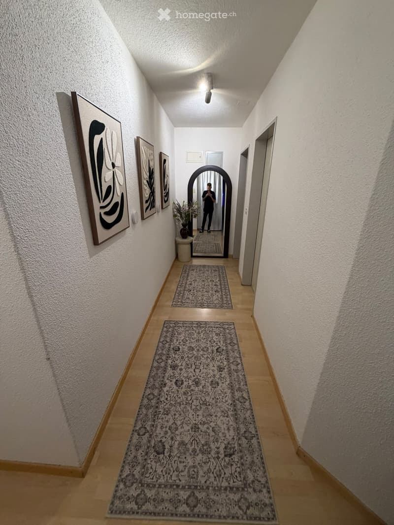 A narrow hallway with light wooden flooring, white textured walls, and two patterned rugs. There are three framed artworks on the left wall and a small plant on a pedestal near an arched mirror at the end of the hallway.