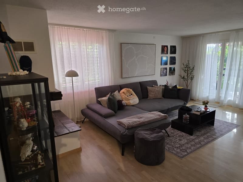 Modern living room with grey sectional sofa, coffee table, floor lamp, and decorative shelf. Large windows with white curtains and a plant near the window.
