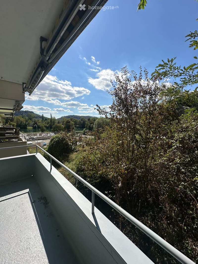 Balcony with metal railing overlooking a lush, green landscape and a body of water in the distance.
