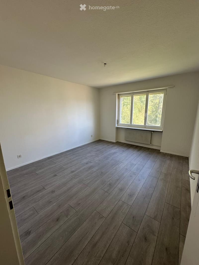 Empty room with light-colored walls, wooden flooring, and a large window with white frames. No furniture or equipment is present.