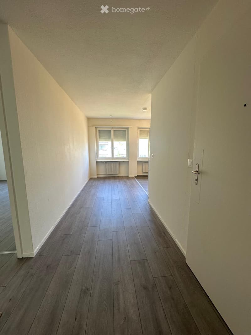 Empty hallway with wooden flooring, light-colored walls, and two windows at the end.