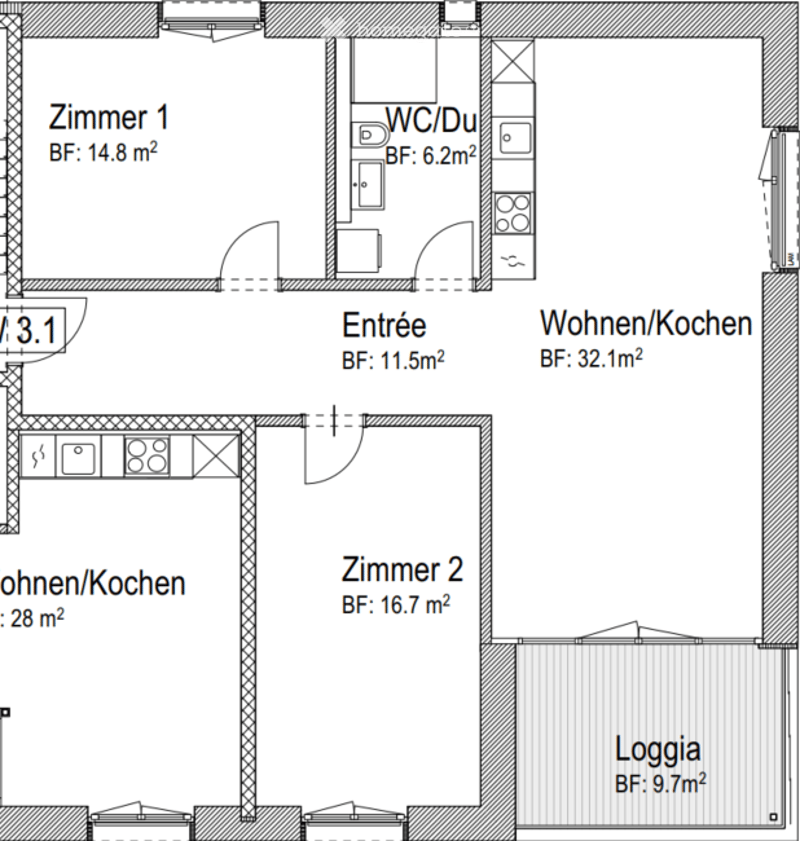 Entrance, living/kitchen, 2 bedrooms, WC/Du, Loggia