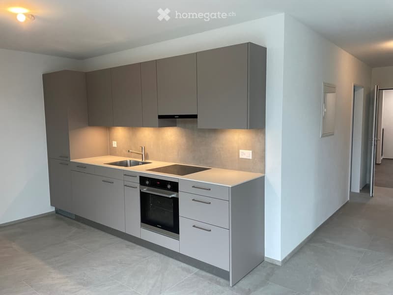 modern kitchen with gray cabinets, white countertops, integrated dishwasher, gas stove, oven, sink, faucet
