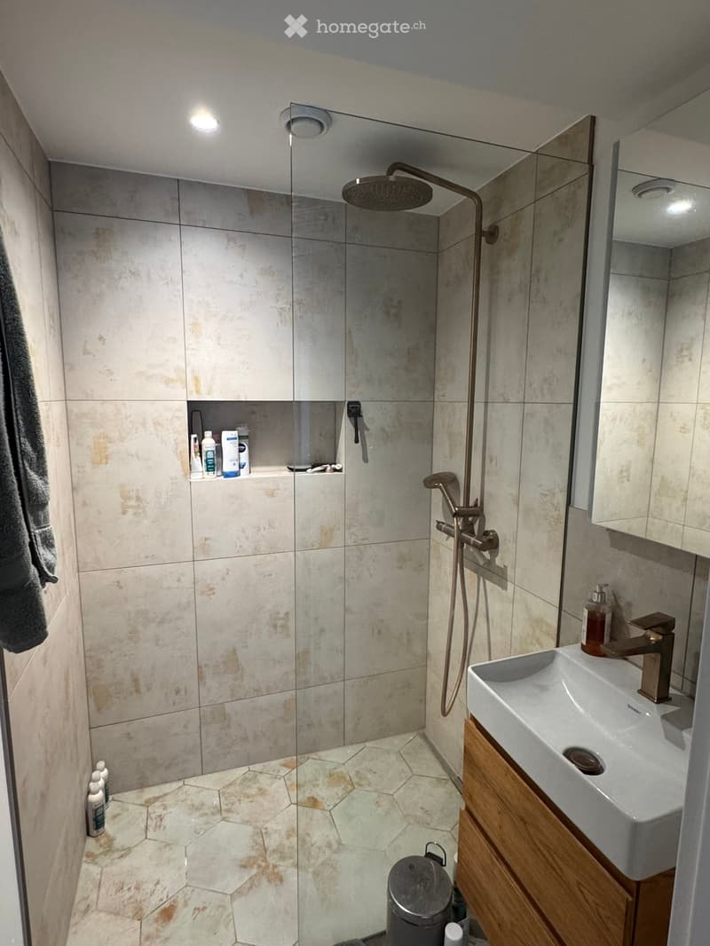 Modern bathroom with a glass-enclosed shower, hexagonal tile floor, and a white sink with wooden cabinetry.