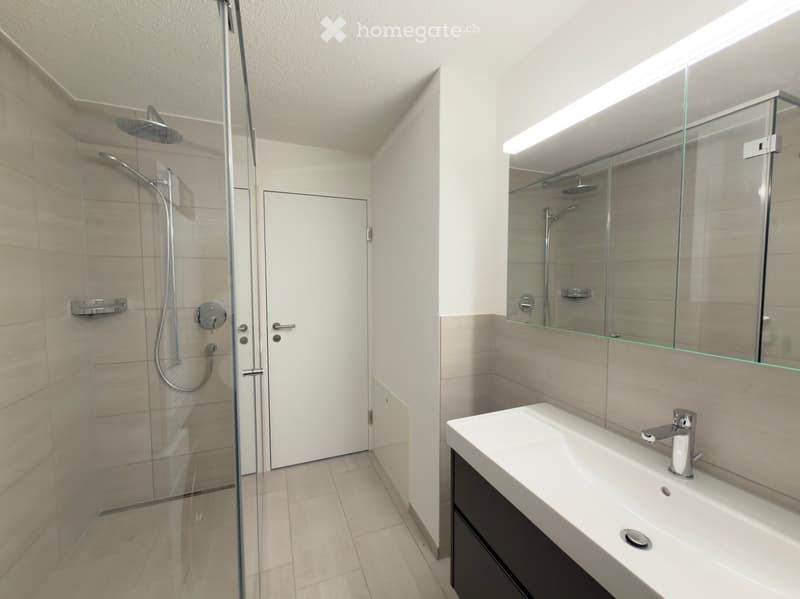 Modern bathroom with a white sink, chrome faucet, large mirror with built-in lighting, and a glass-enclosed shower with multiple showerheads.