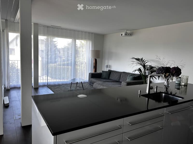 Modern living area with a grey sofa, coffee table, floor lamp, and a kitchen island with a sink and faucet. Large windows with sheer curtains and a balcony view.