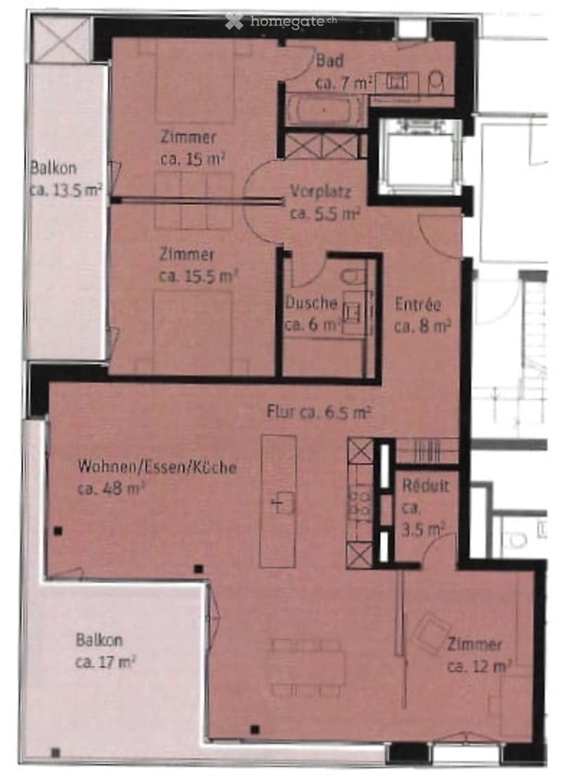 Floor plan of an apartment with a living/dining/kitchen area, two bedrooms, a bathroom, a shower room, a hallway, and a balcony.
