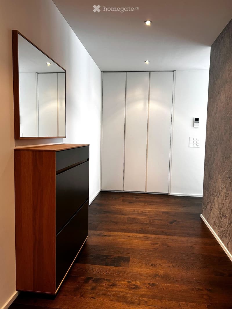 Modern hallway with wooden flooring, white walls, built-in white closet doors, a wooden console table with a mirror, and recessed lighting.