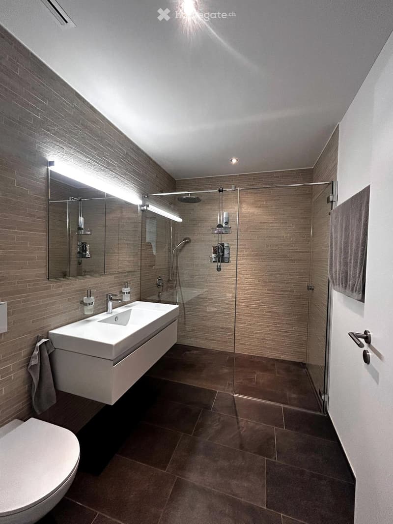 Modern bathroom with a white sink, mirror, toilet, and glass-enclosed shower area. Features include built-in storage under the sink, a towel hanging on the wall, and sleek lighting.